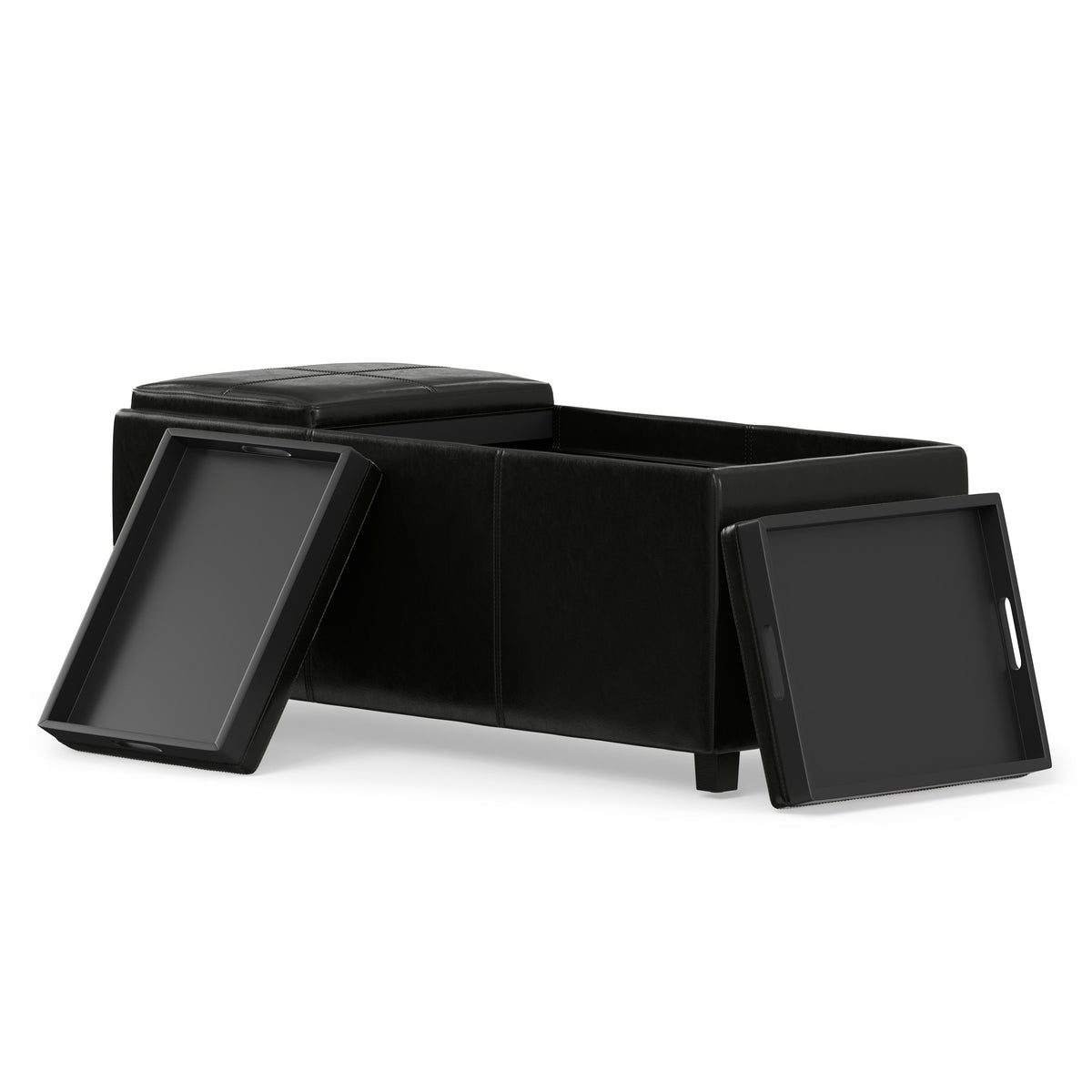 Black Vegan Leather | Avalon Linen Look Storage Ottoman with Three Trays