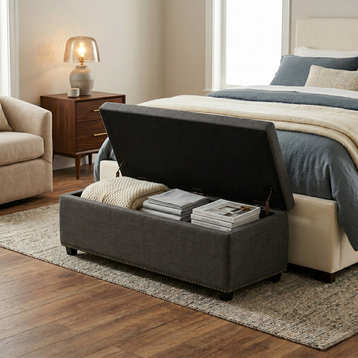 Slate Grey Linen Style Fabric| Hamilton Storage Ottoman in Linen