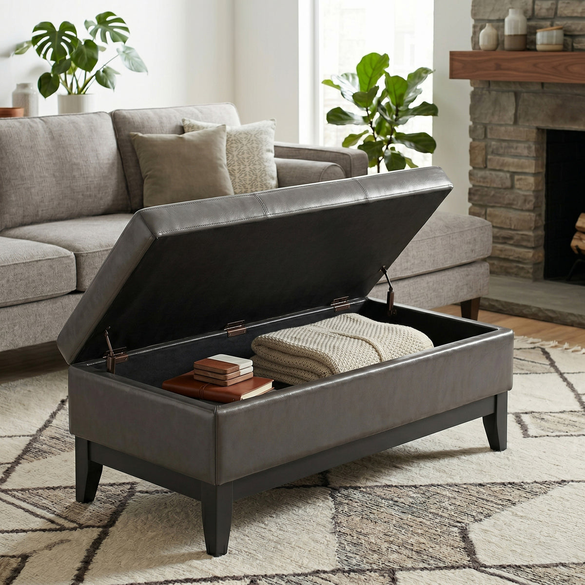 Tanners Brown Vegan Leather | Oregon Storage Ottoman Bench with Tray in Vegan Leather