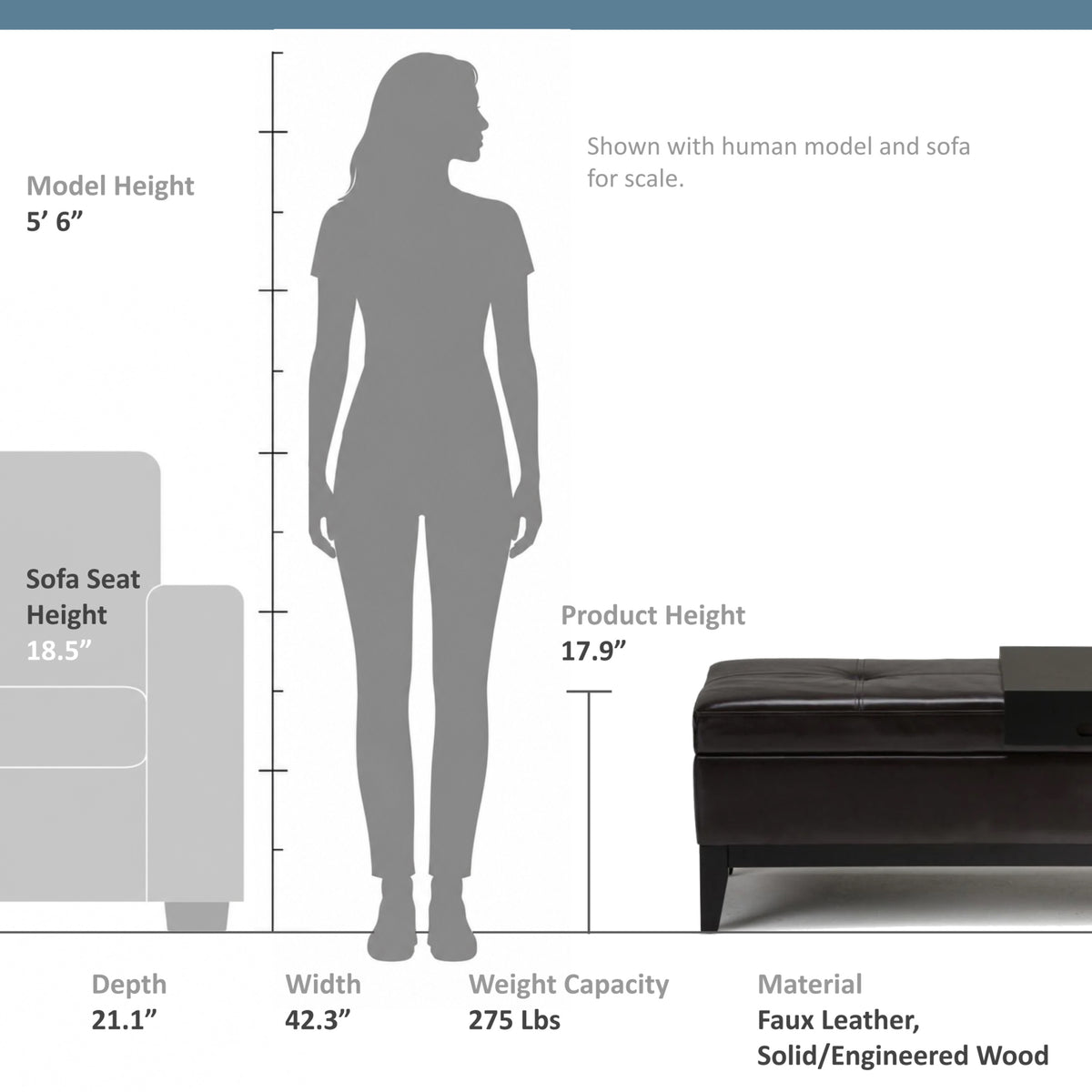 Tanners Brown Vegan Leather | Oregon Storage Ottoman Bench with Tray in Vegan Leather