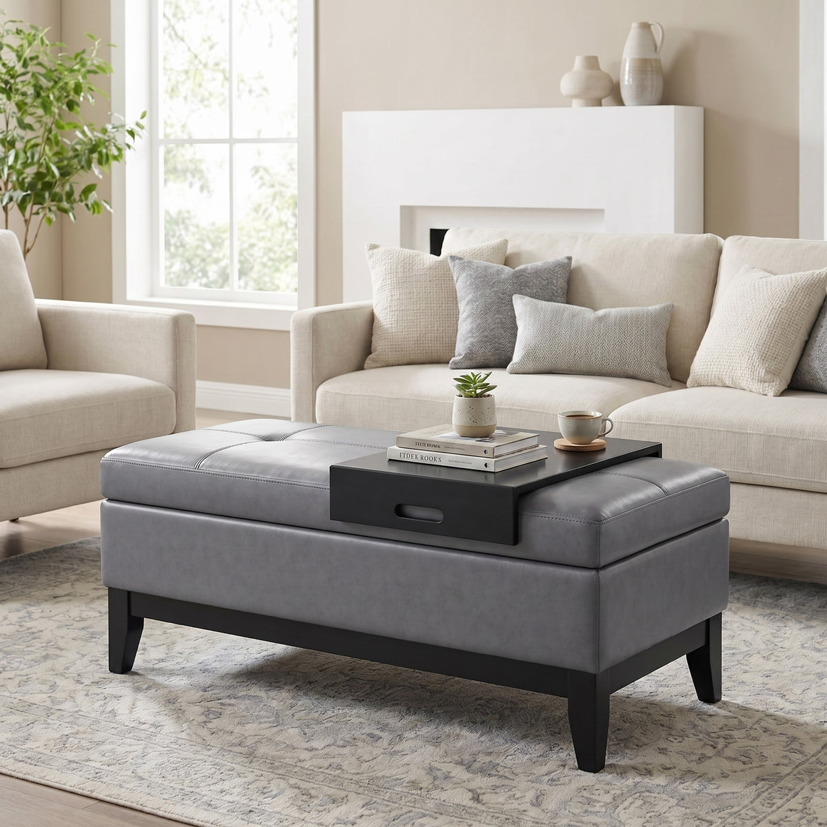 Stone Grey Vegan Leather | Oregon Storage Ottoman Bench with Tray in Vegan Leather