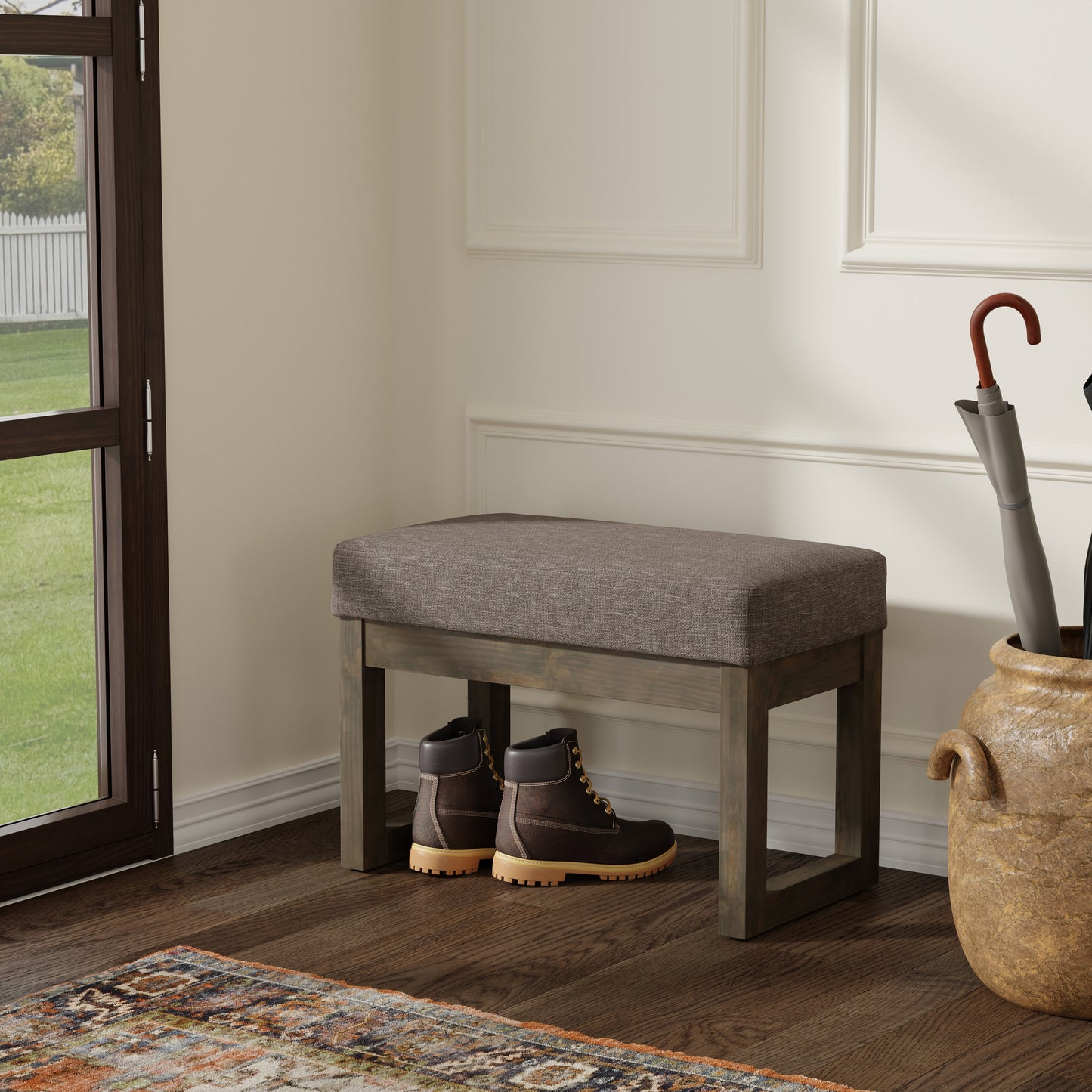 Fawn Brown Linen Style Fabric | Milltown Small Ottoman Bench in Linen