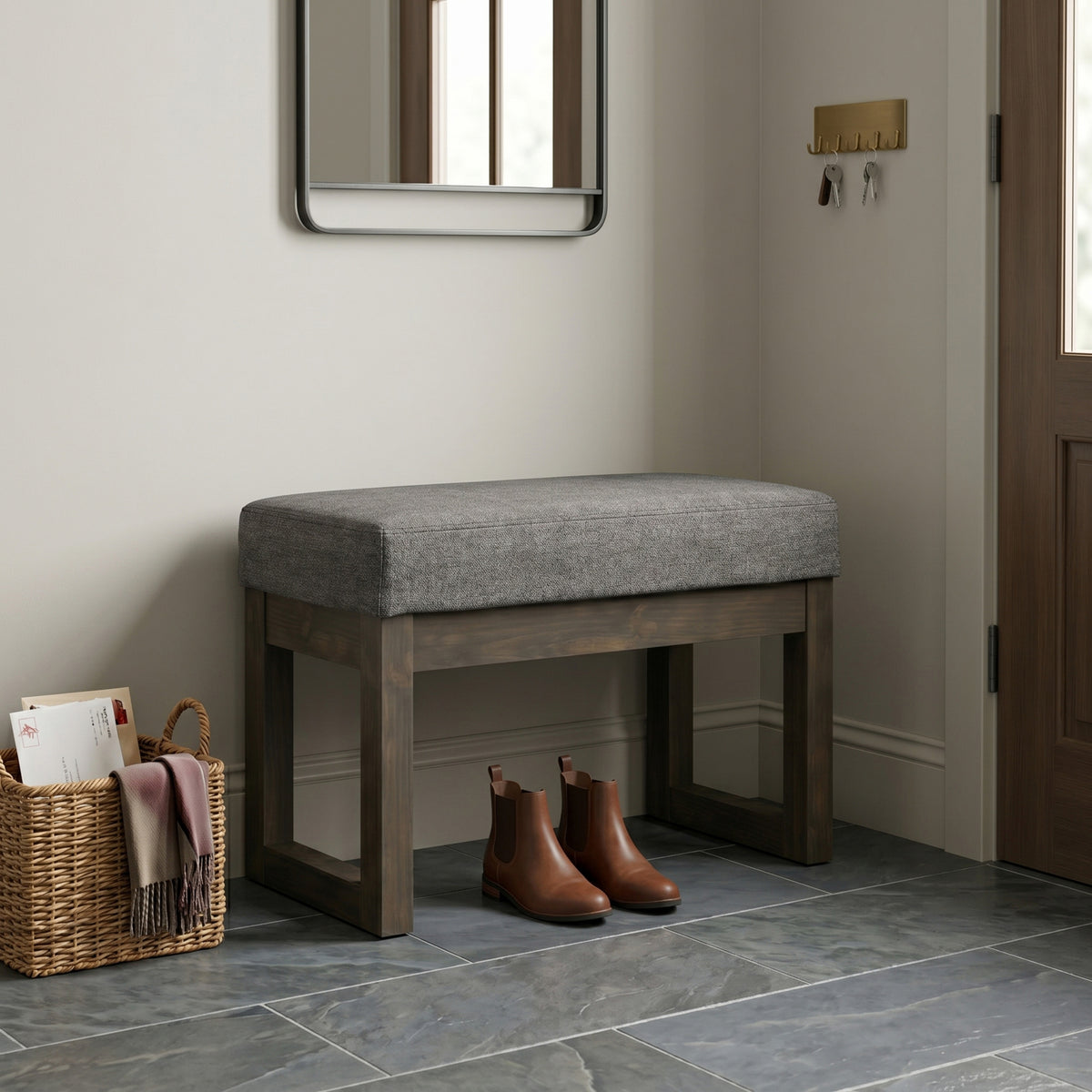 Grey Linen Style Fabric | Milltown Small Ottoman Bench in Linen