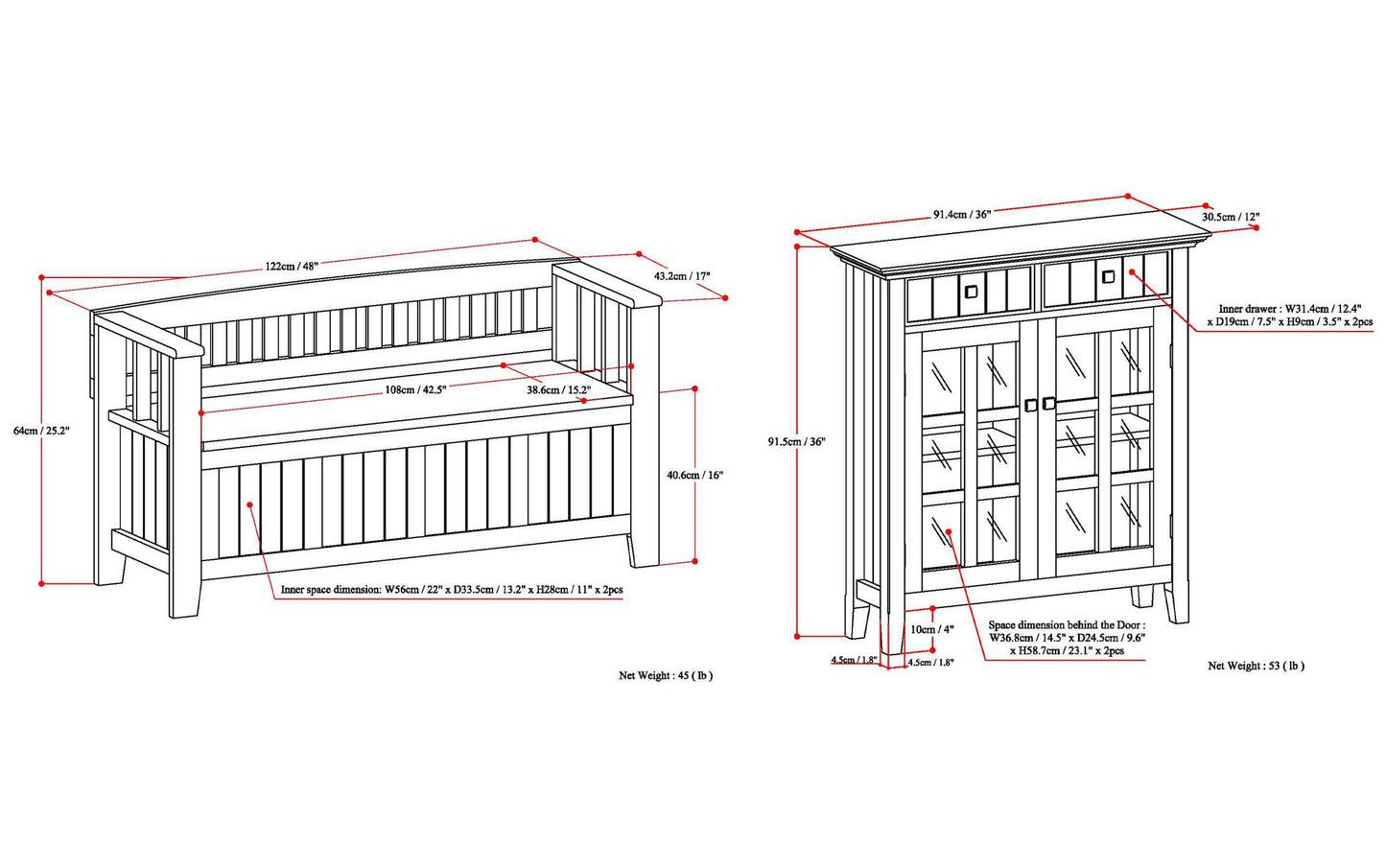Black | Acadian 48-inch Storage Bench and 36-inch Cabinet