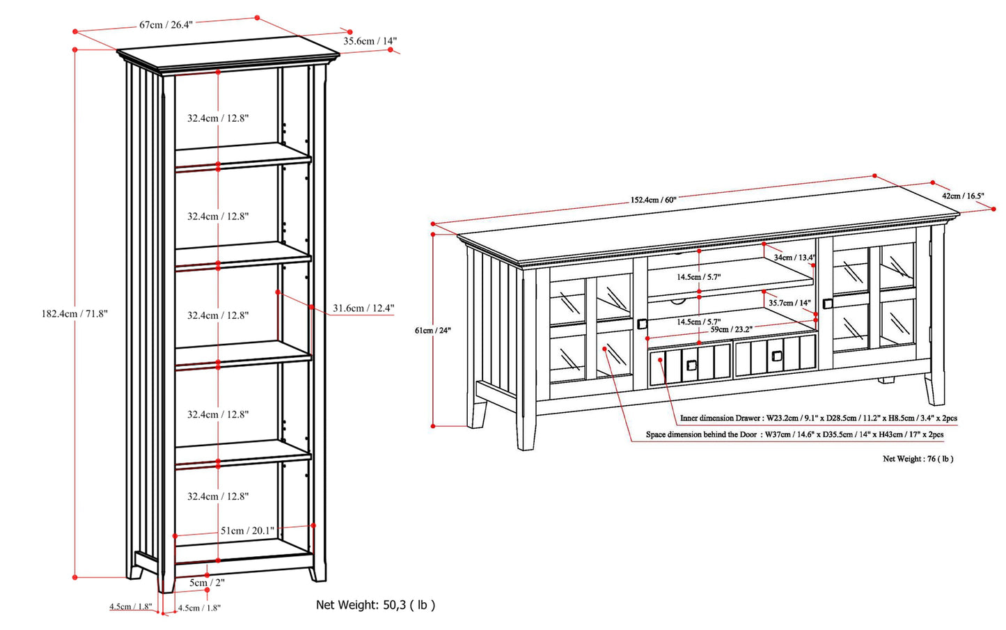 Black | Acadian 60 inch TV Stand with 26 inch 5 Shelf Bookcases (Set of 3)