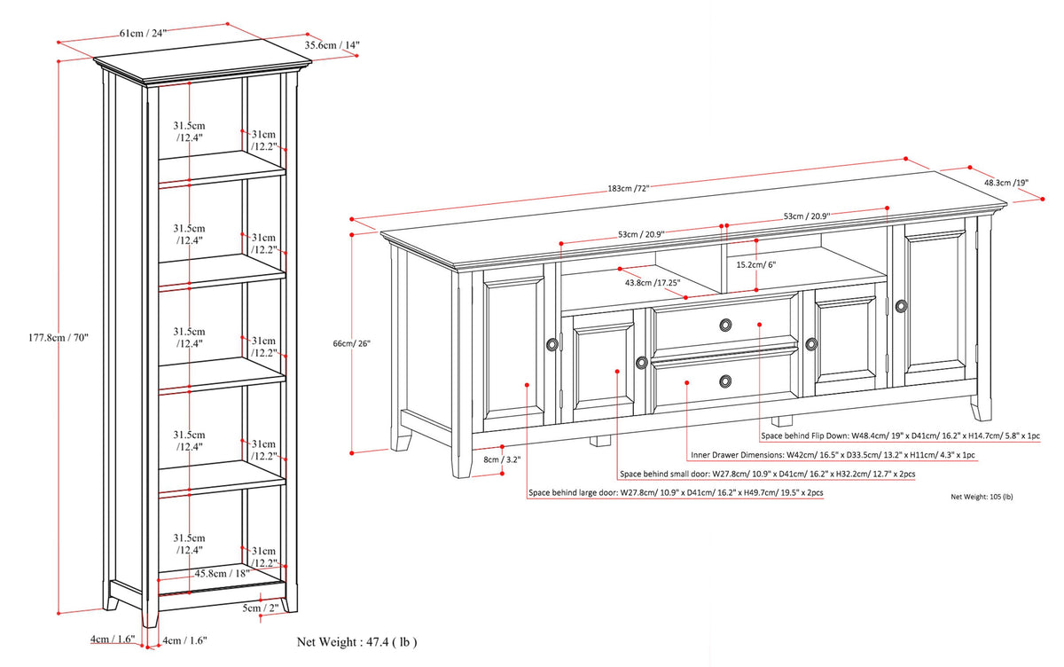 White | Amherst 72 inch TV Stand with 24 inch 5 Shelf Bookcases (Set of 3)