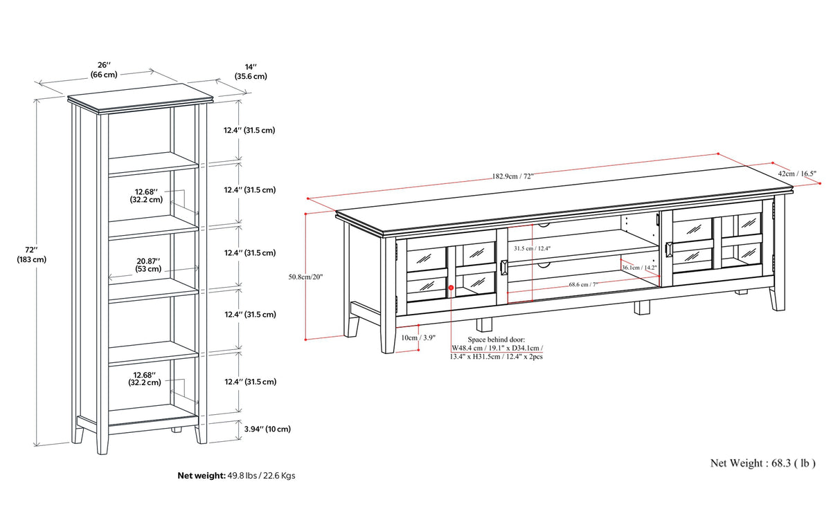 Artisan 72 inch Low TV Stand with 26 inch 5 Shelf Bookcases (Set of 3)