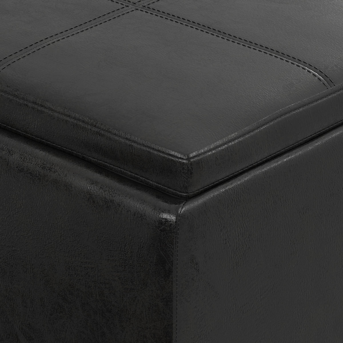 Distressed Black Distressed Vegan Leather | Avalon 3 Trays Ottoman in Distressed Vegan Leather
