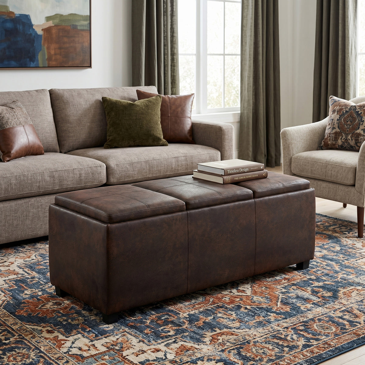 Distressed Brown Taupe Distressed Vegan Leather | Avalon 3 Trays Ottoman in Distressed Vegan Leather