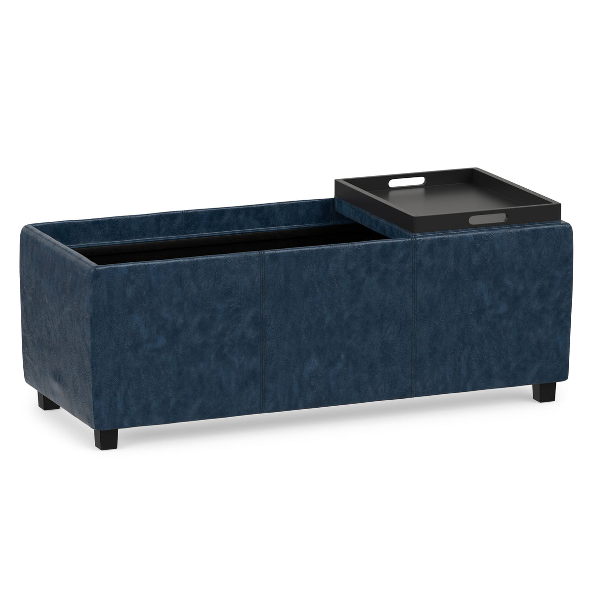 Denim Blue Vegan Leather | Avalon Linen Look Storage Ottoman with Three Trays