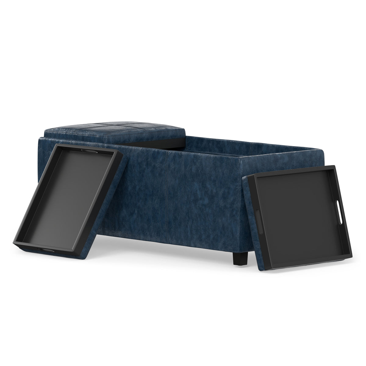 Denim Blue Vegan Leather | Avalon Linen Look Storage Ottoman with Three Trays