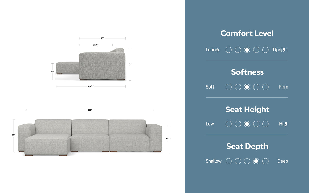 Pale Grey Performance Fabric | Rex 2 Seater Sofa and Left Chaise in Performance Fabric