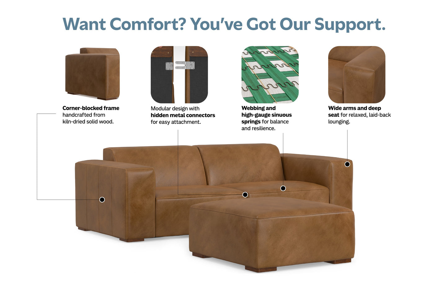 Caramel Brown Genuine Leather | Rex 2 Seater Sofa and Ottoman in Genuine Leather