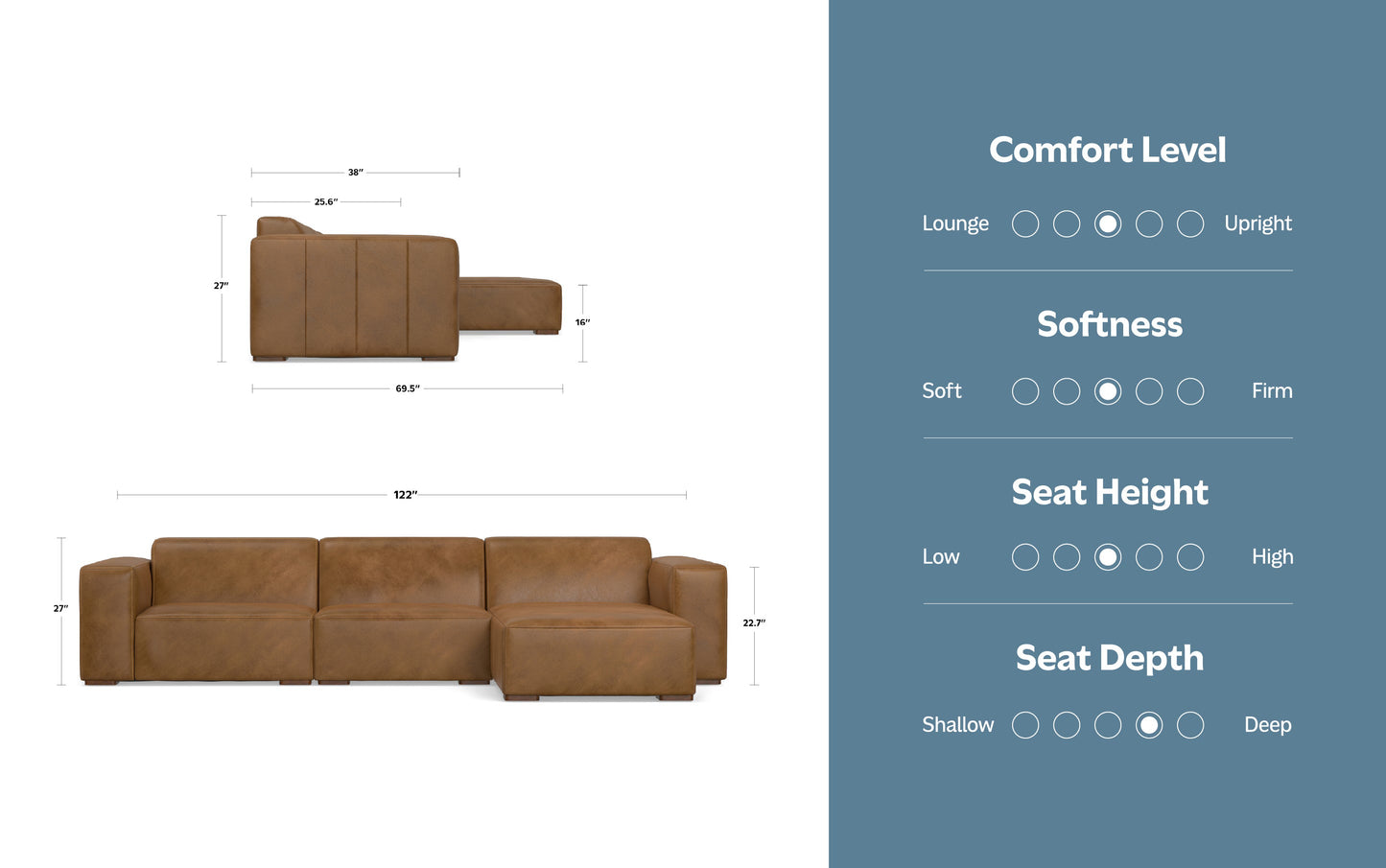 Caramel Brown Genuine Leather | Rex 2 Seater Sofa and Right Chaise in Genuine Leather