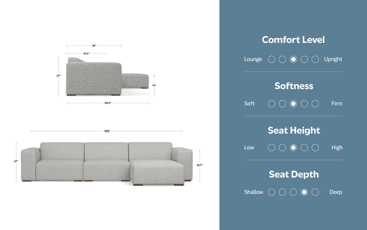 Pale Grey Performance Fabric | Rex 2 Seater Sofa and Right Chaise in Performance Fabric