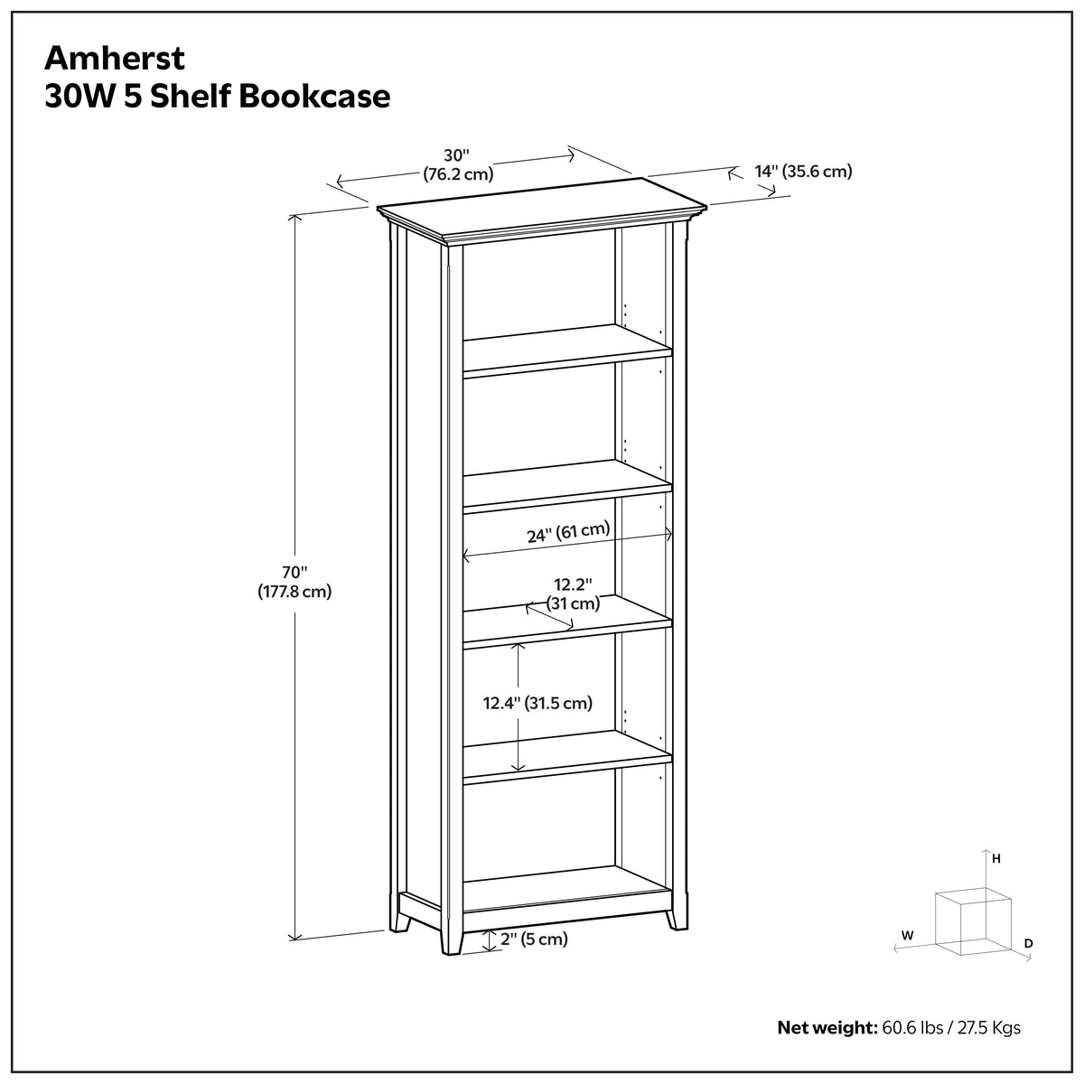 Sage Green | Amherst 30 inch 5 Shelf Bookcase