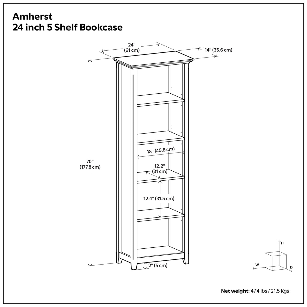White | Amherst 24 inch 5 Shelf Bookcase
