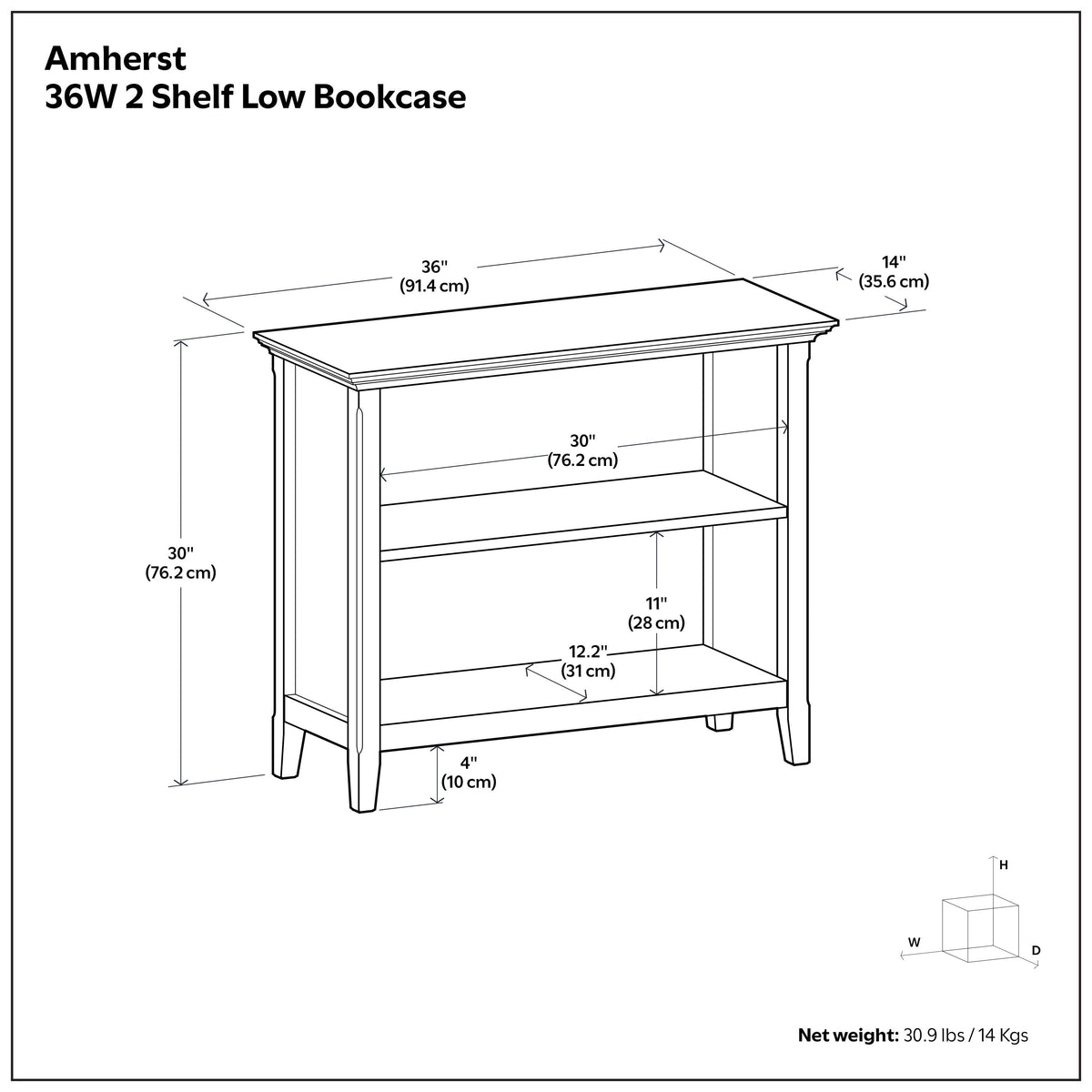 Amherst 36 inch 2 Shelf Bookcase
