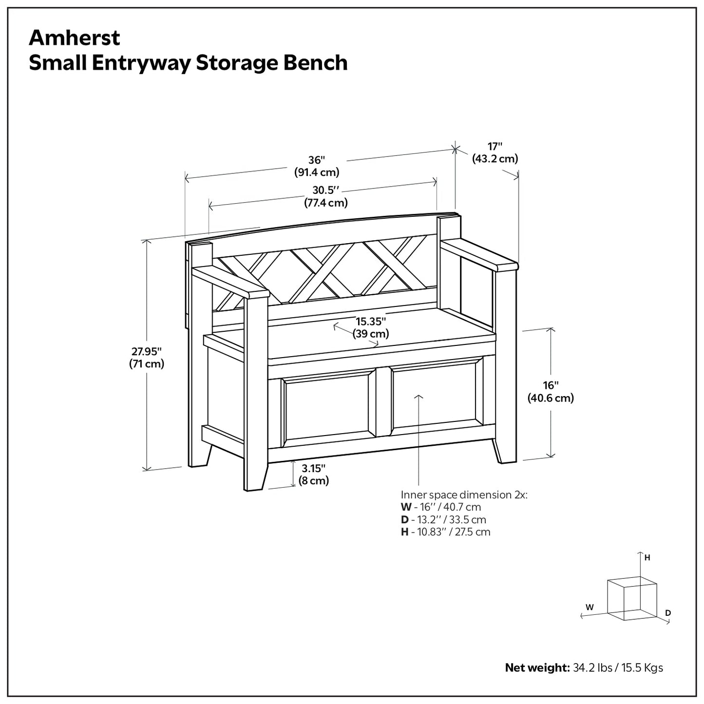 Black | Amherst Small Entryway Storage Bench