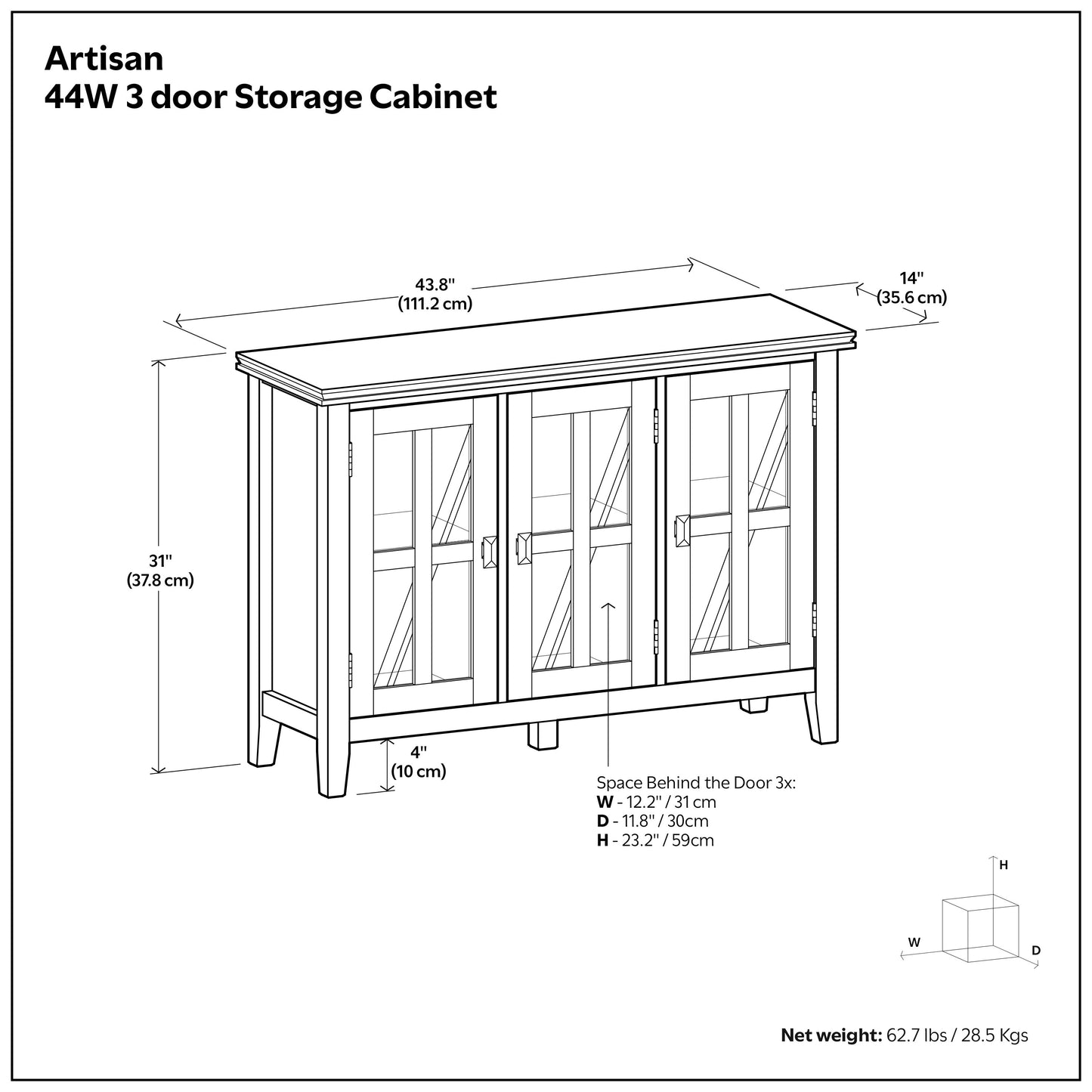 Russet Brown | Artisan Wide Storage Cabinet with 3 Glass Doors