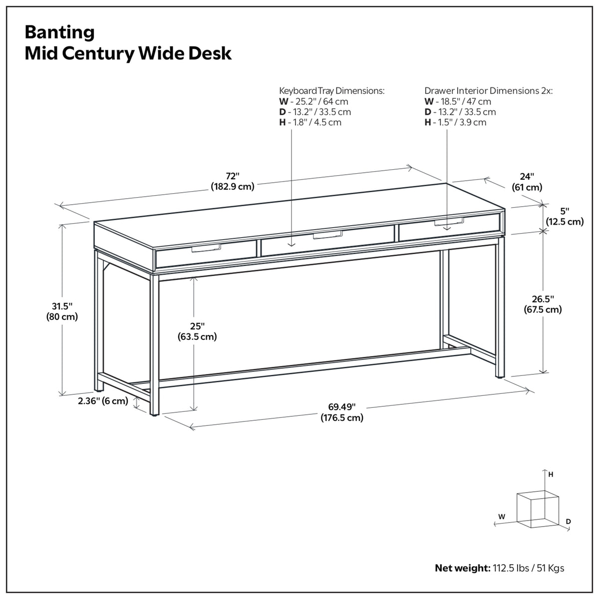 Deep Walnut Brown Rubberwood | Banting Mid Century Wide Desk in Rubberwood