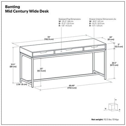 Deep Walnut Brown Rubberwood | Banting Mid Century Wide Desk in Rubberwood