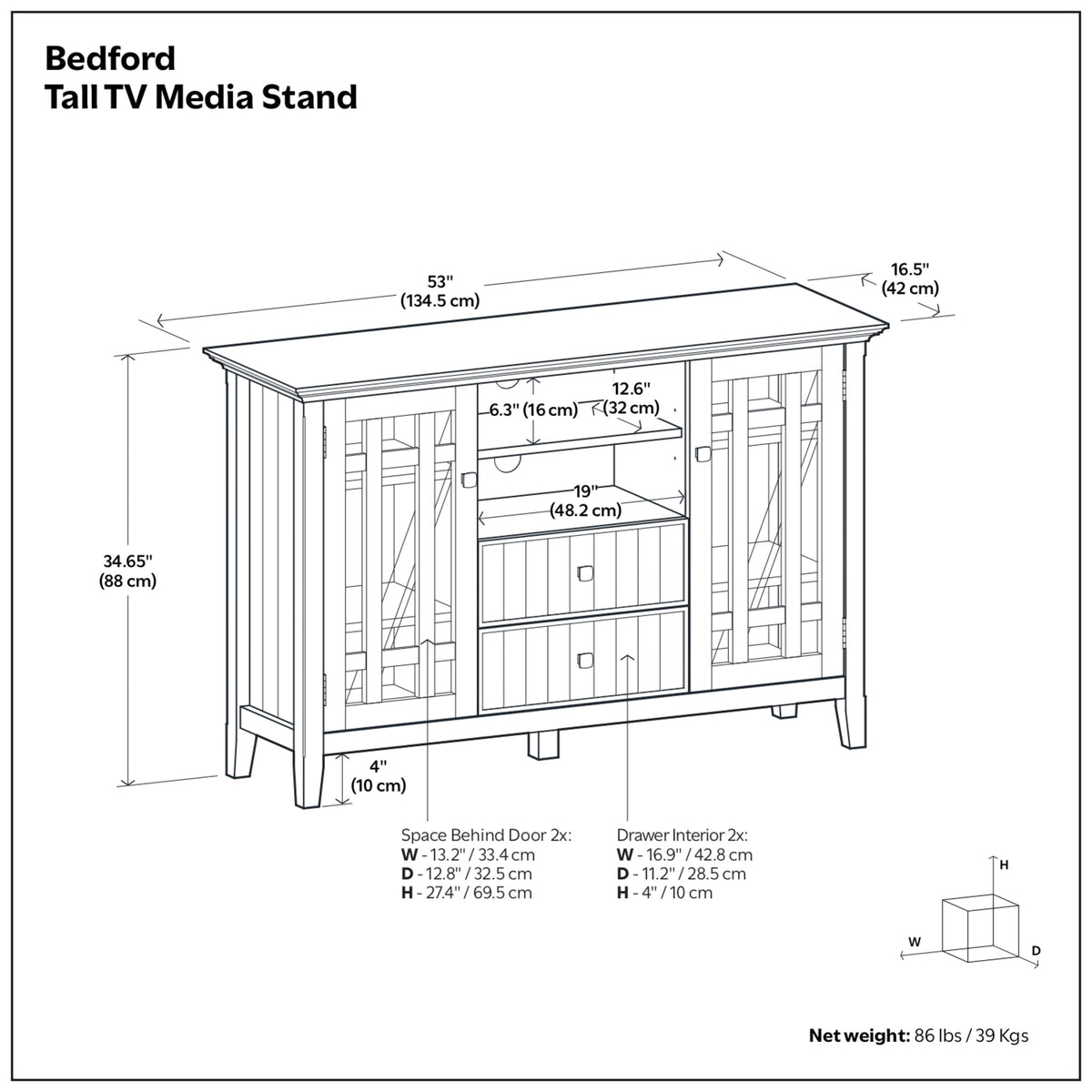 White Solid Wood - Pine | Bedford Tall TV Stand