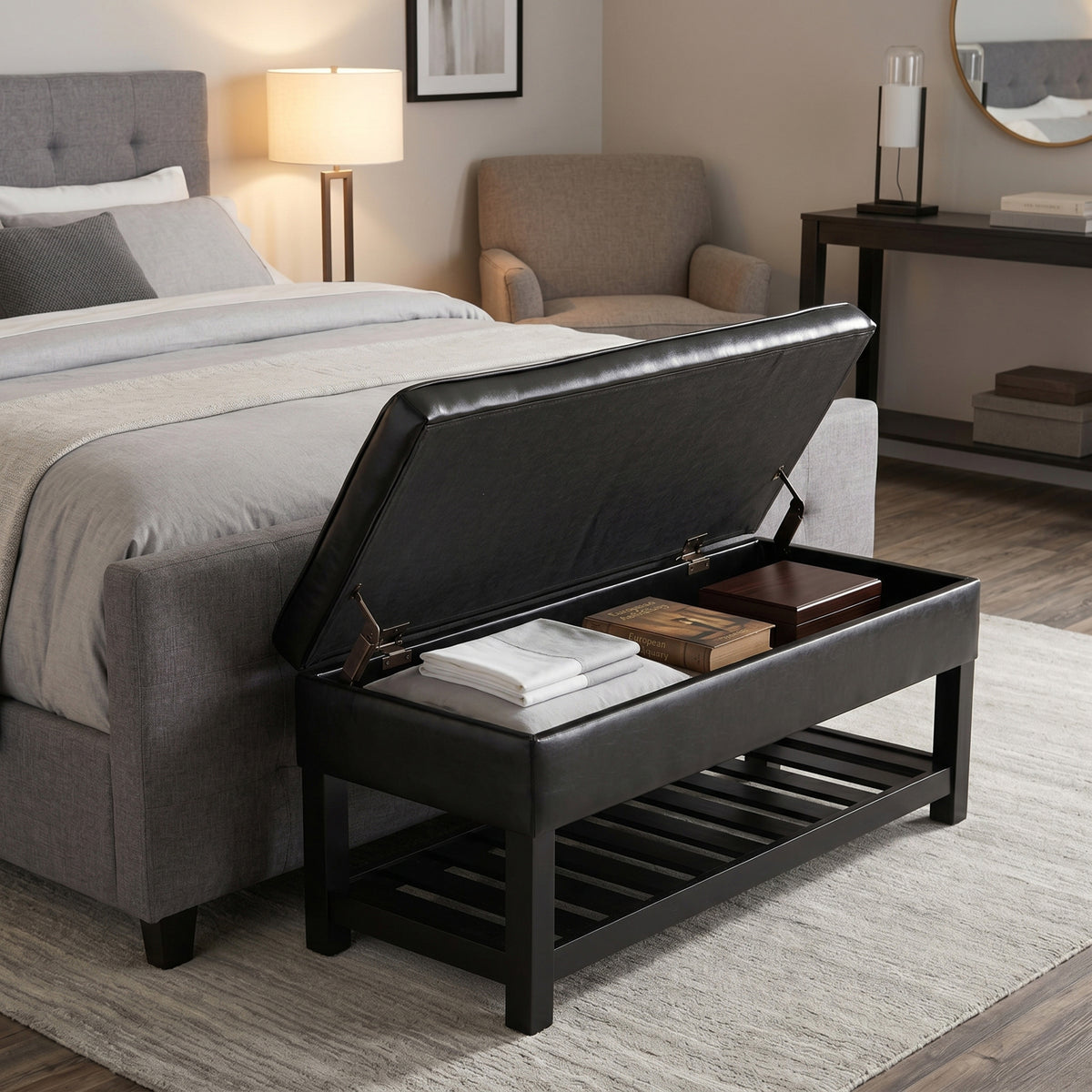 Midnight Black Vegan Leather | Cosmopolitan Ottoman Bench in Vegan Leather