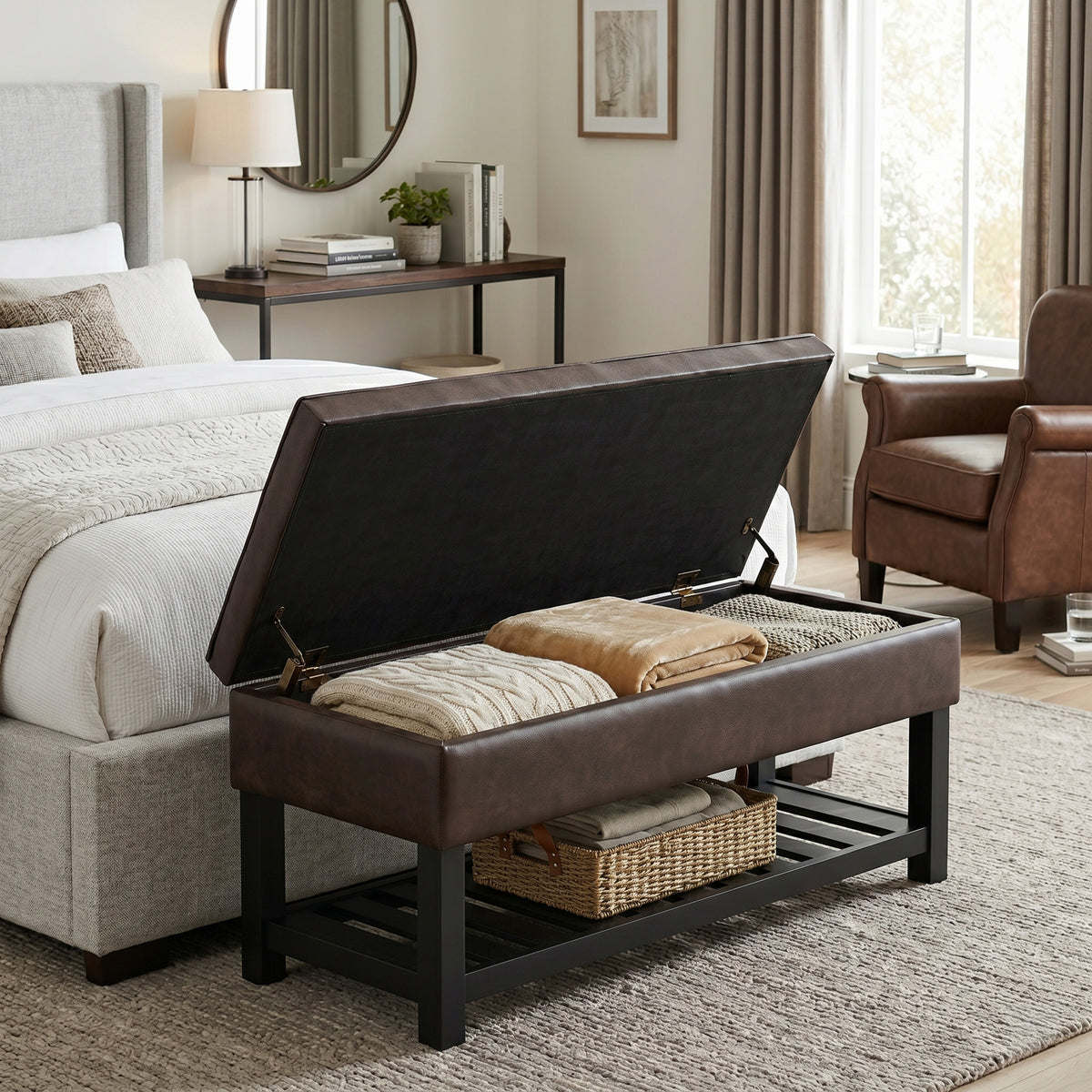 Distressed Brown Distressed Vegan Leather | Cosmopolitan Ottoman Bench in Distressed Vegan Leather