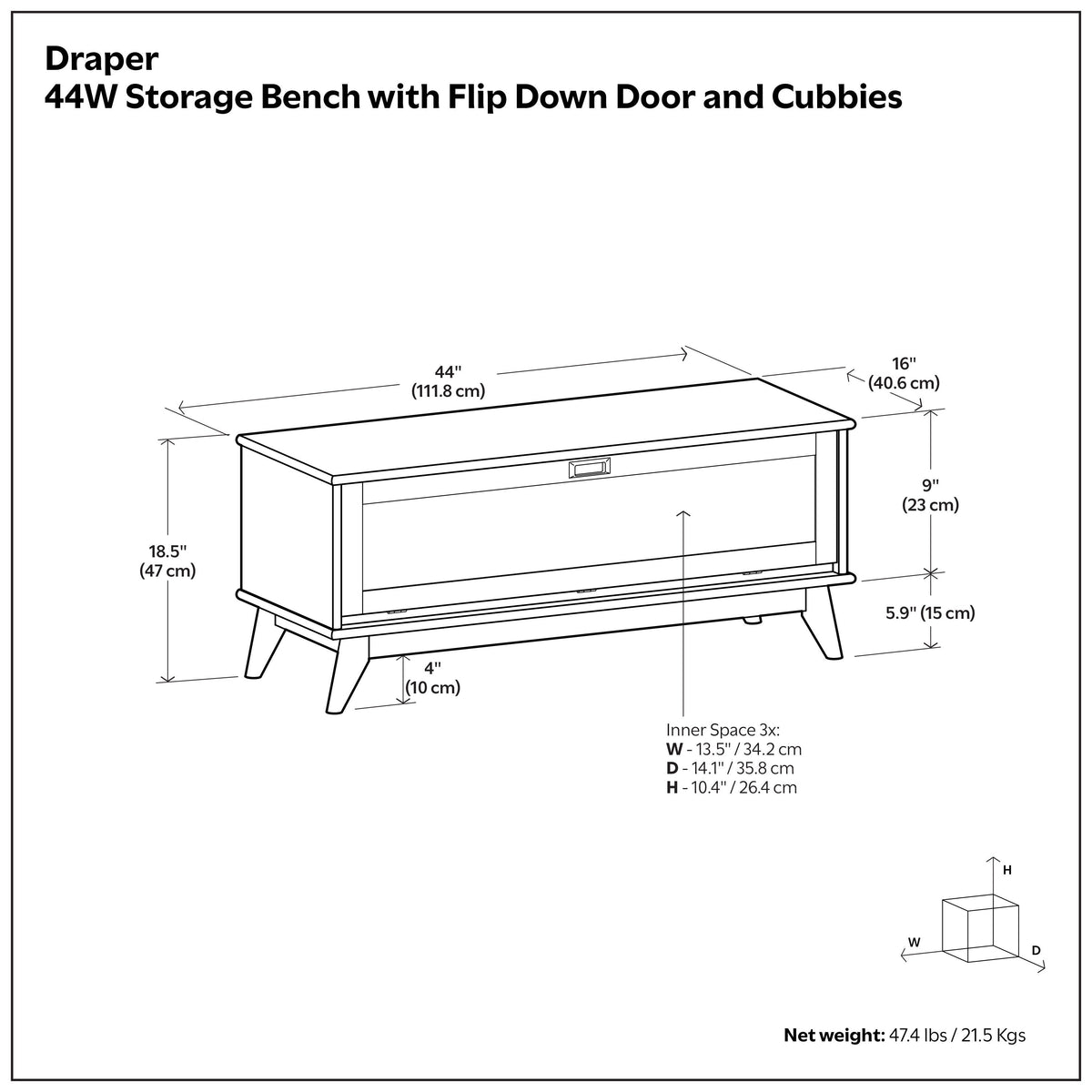 Teak Brown | Draper Mid-Century Flip-Down Storage Bench