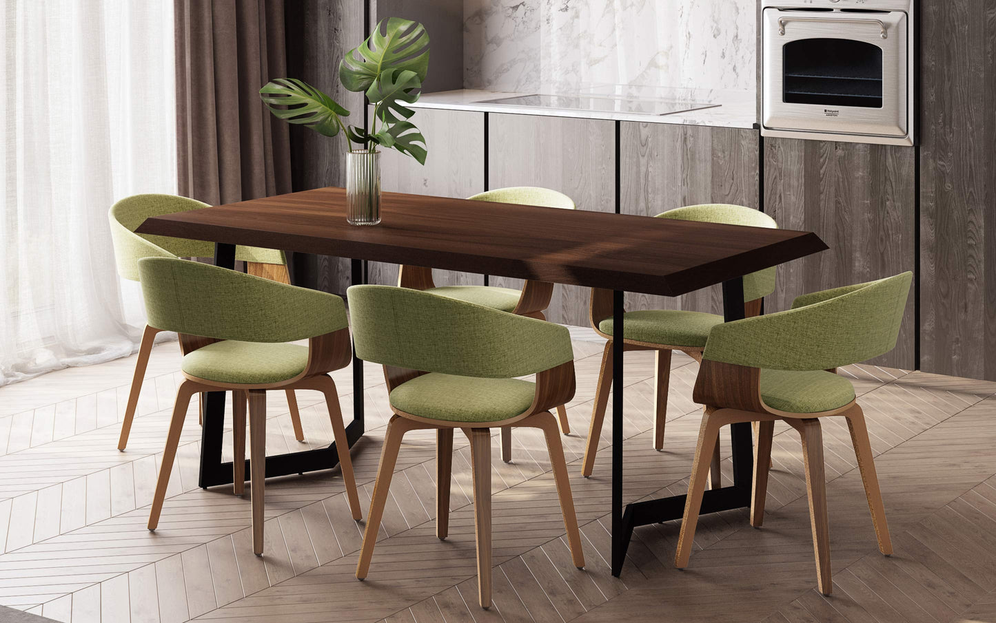 Acid Green/Dark Brown Linen Style Fabric | Lowell 7 Piece Dining Set