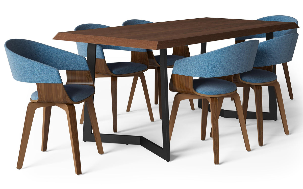 Blue/Dark Brown Linen Style Fabric | Lowell 7 Piece Dining Set