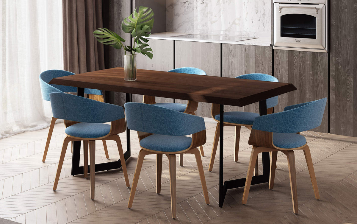 Blue/Dark Brown Linen Style Fabric | Lowell 7 Piece Dining Set