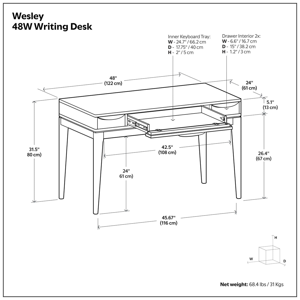 Wesley 48 inch Writing Desk