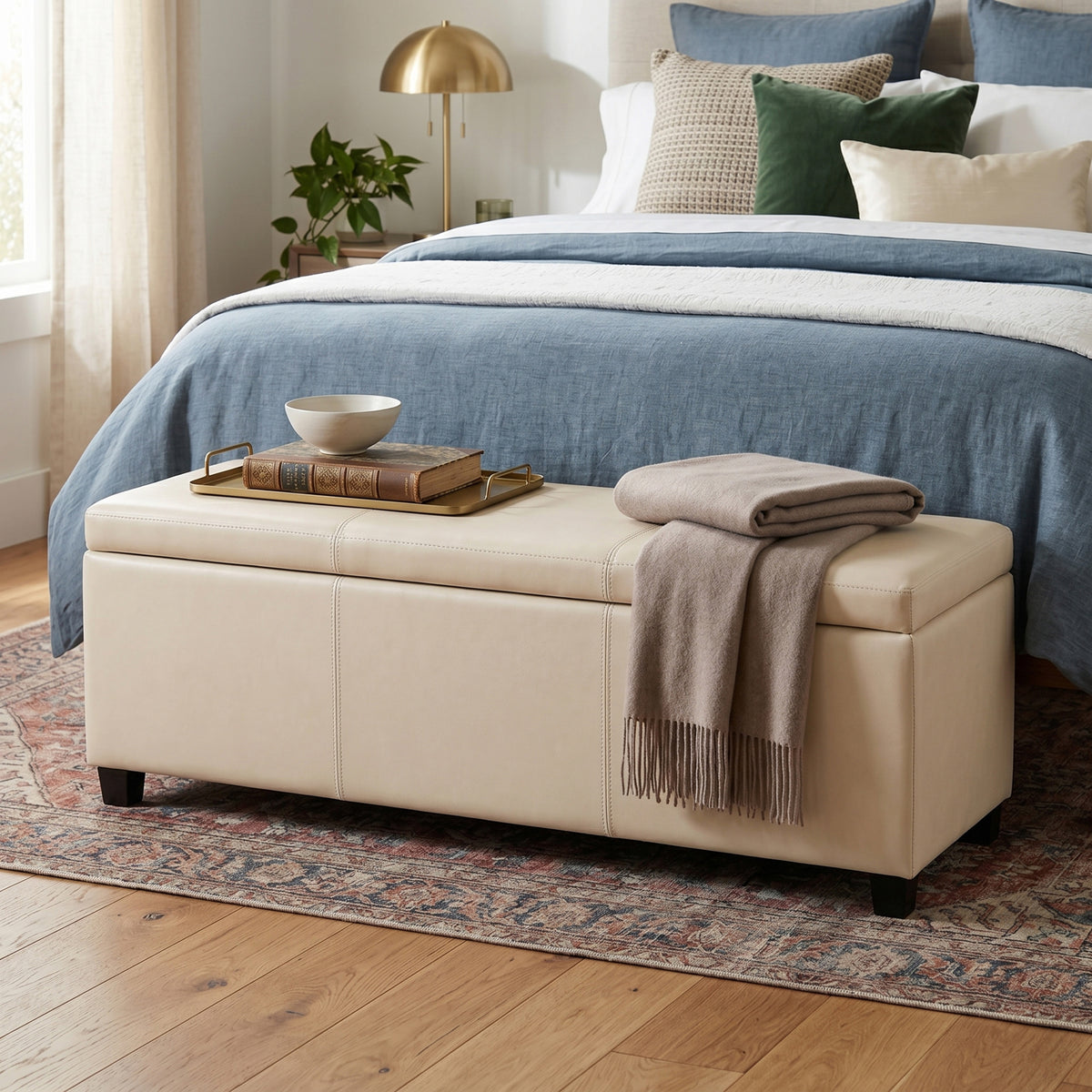 Satin Cream Vegan Leather | Avalon Storage Ottoman in Vegan Leather