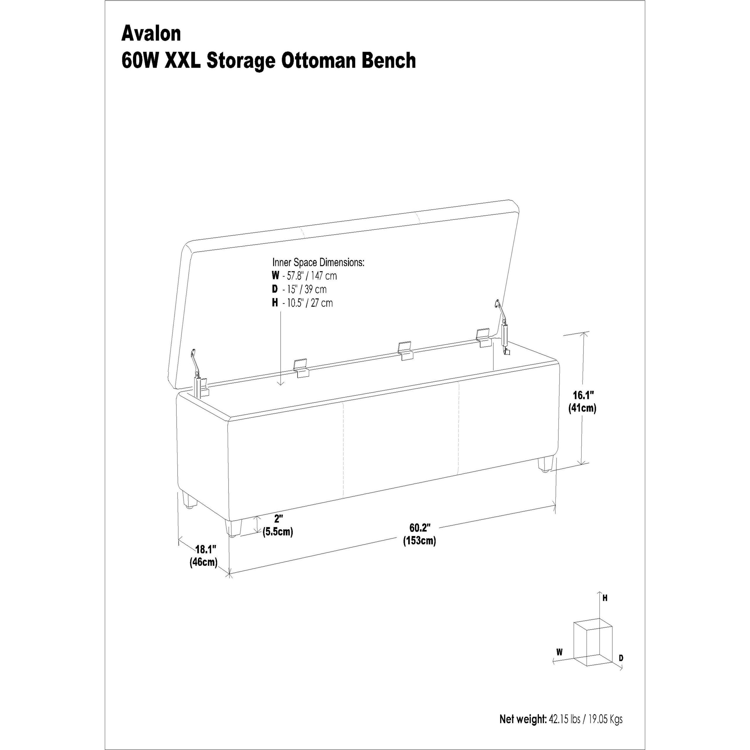 Midnight Black | Avalon 60 inch Storage Ottoman Bench