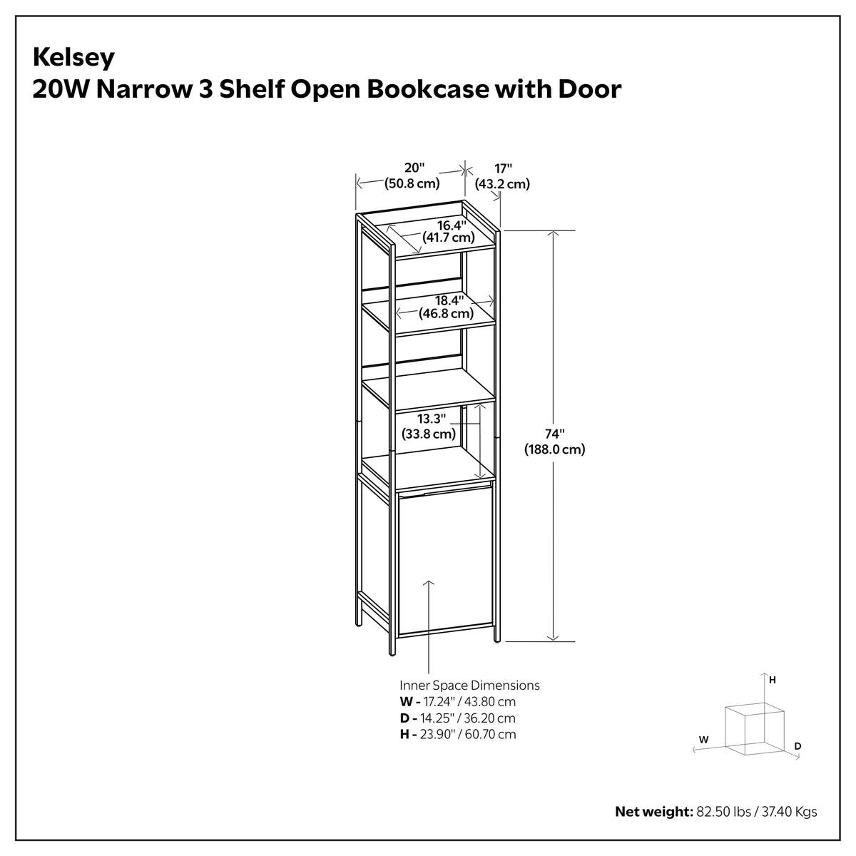 Kelsey Narrow Bookshelf with Cabinet