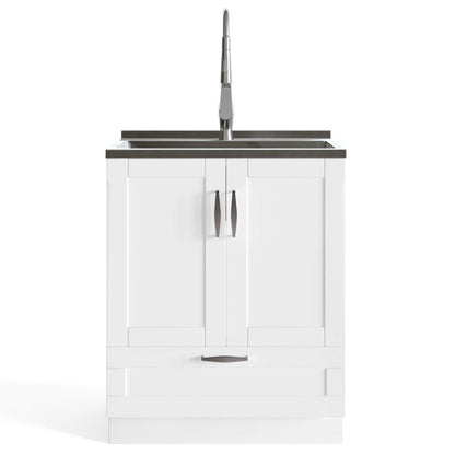 Pure White | Reed 28 inch Laundry Cabinet with Pull-out Faucet and Stainless Steel Sink