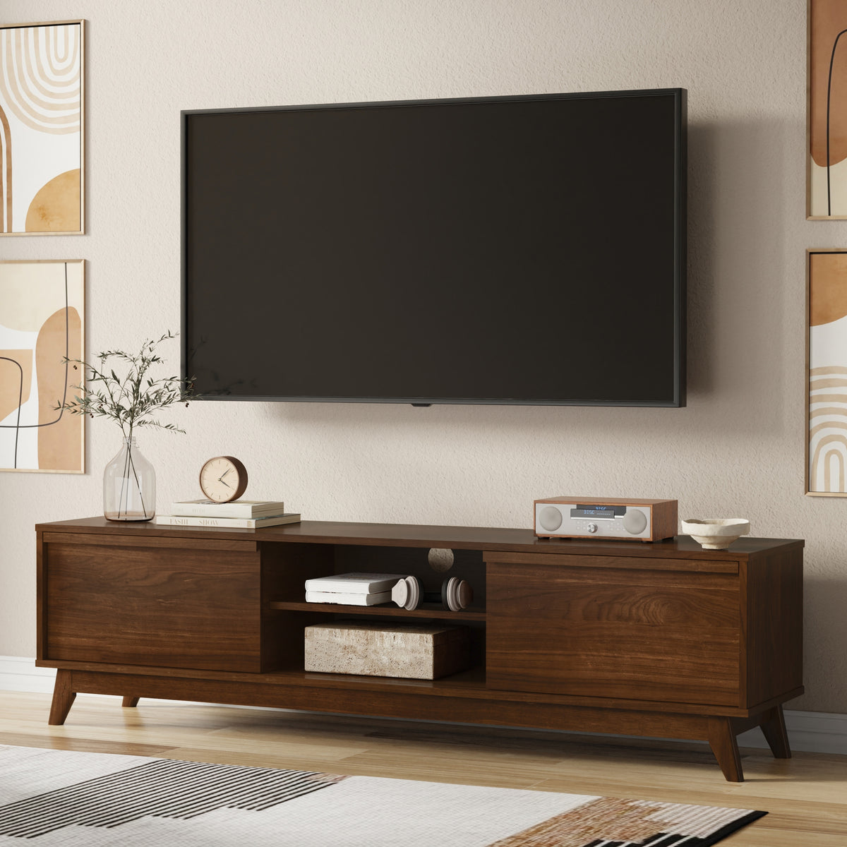 Walnut Veneer | Lennon 72 inch Low TV Stand in Walnut