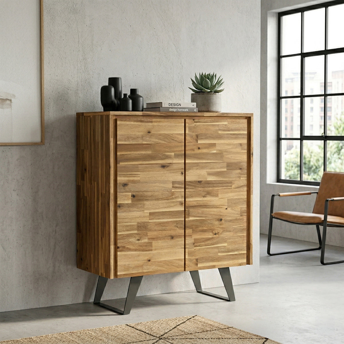 Distressed Golden Wheat Acacia| Lowry Medium Storage Cabinet in Acacia