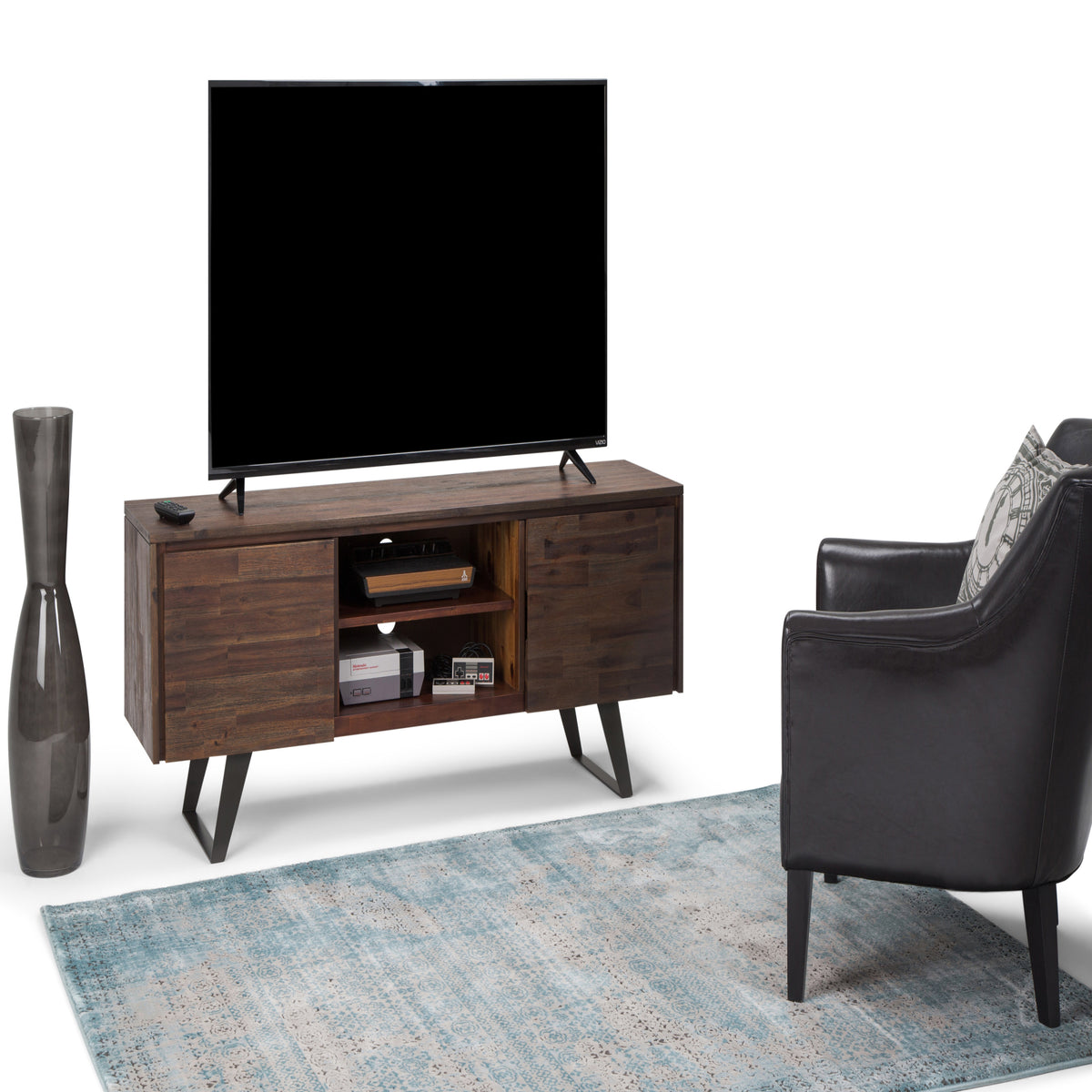 Distressed Charcoal Brown Acacia | Lowry TV Media Stand in Acacia