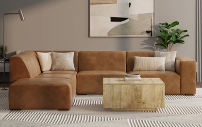 Caramel Brown Genuine Leather | Rex Left Sectional and Ottoman in Genuine Leather