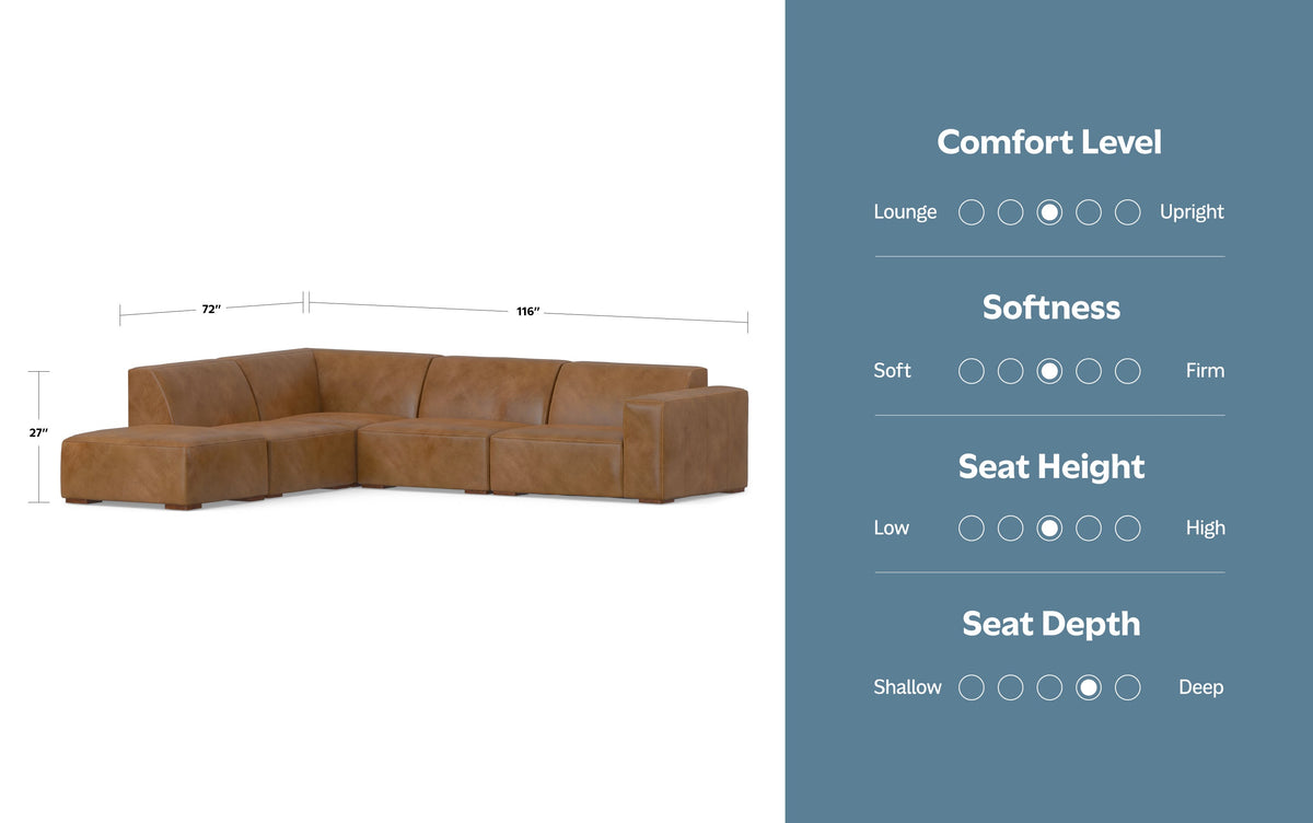 Caramel Brown Genuine Leather | Rex Left Sectional and Ottoman in Genuine Leather