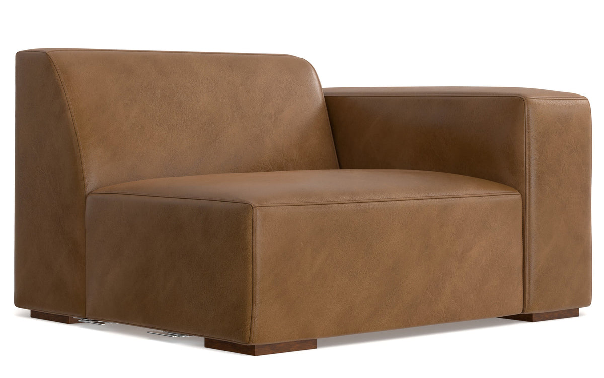 Caramel Brown Genuine Leather | Rex Left Sectional and Ottoman in Genuine Leather