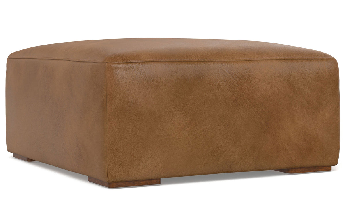 Caramel Brown Genuine Leather | Rex Left Sectional and Ottoman in Genuine Leather