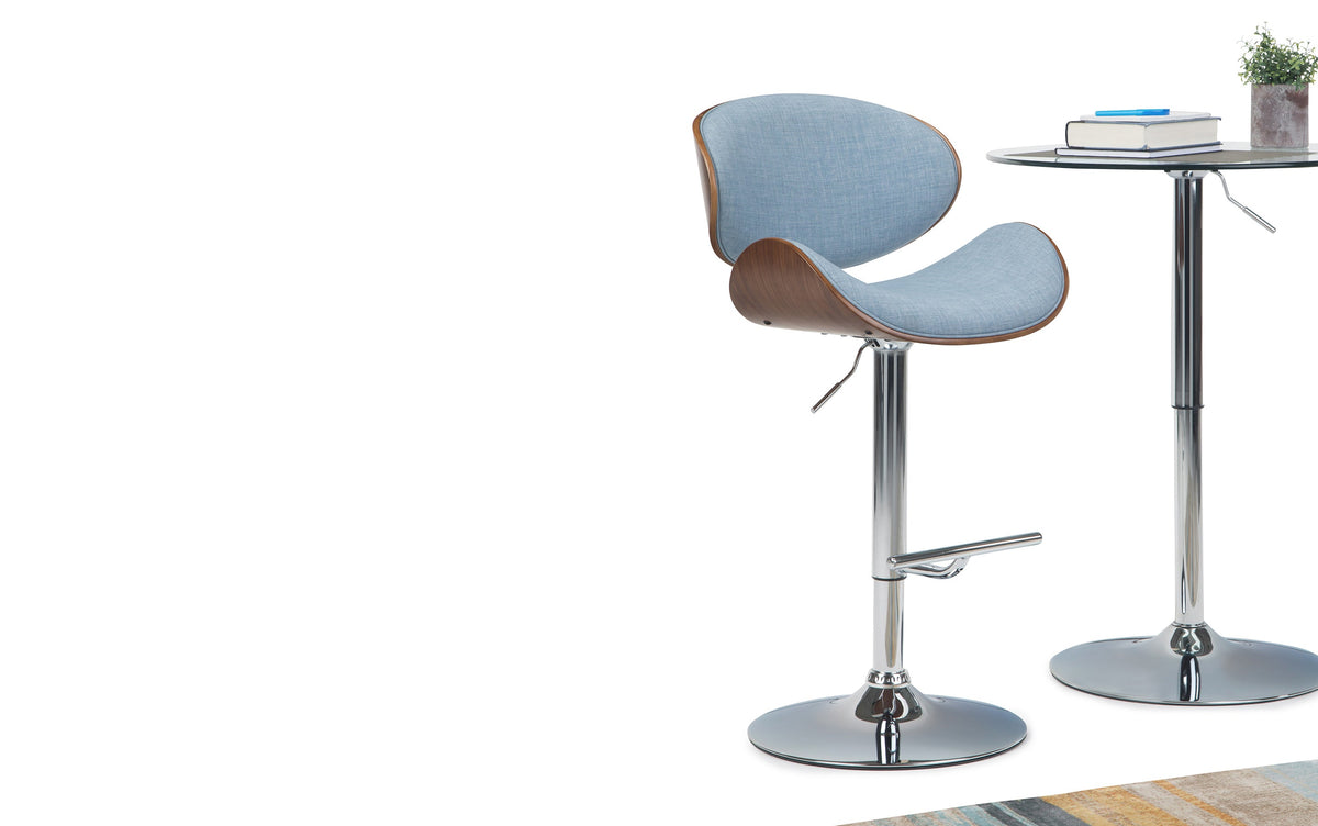 Light Denim Blue Linen Style Fabric Walnut | Marana Bentwood Gas Lift Bar Stool