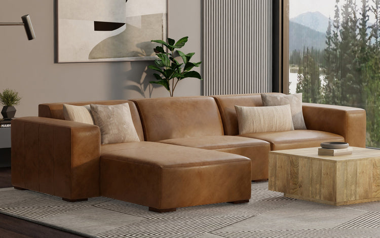 Caramel Brown Genuine Leather | Rex Left Chaise Module in Genuine Leather