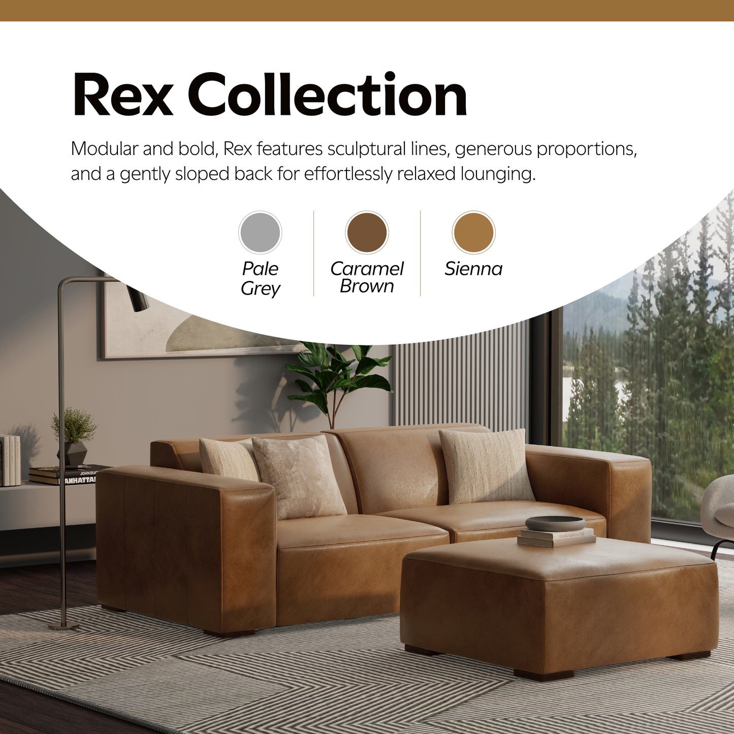 Caramel Brown Genuine Leather | Rex Ottoman in Genuine Leather