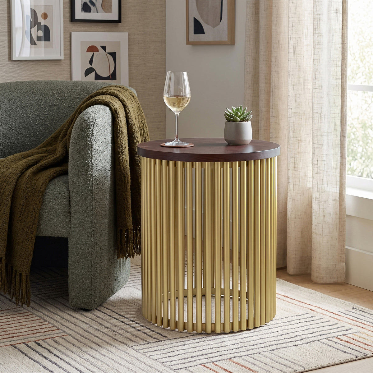 Cognac and Gold Wood | Demy 18 inch Metal and Wood Accent Table
