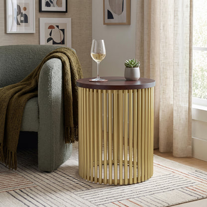 Cognac and Gold Wood | Demy 18 inch Metal and Wood Accent Table